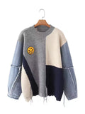 Autumn And Winter Cowboy Sleeve Splicing Bumpy Smiley Face Loose-Fitting Sweater Round Collar Knitted Bottoming Shirt Woman