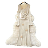 Atmosphere Temperament Three-Dimensional Flowers V-Neck Long-Sleeved Dress Women Slim Thin Inside Sweater Skirt Autumn And Winter New