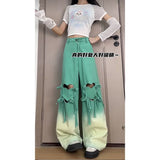 Fat Mm Dopamine Wearing Gradient Love Straps With Ripped Jeans Women's Large Size Loose Thin Broad Leg Pants