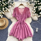 Women's Seaside Beach Pants Summer Dress New V-Neck Bubble Sleeves With Broad Legs Shorts