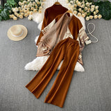 High-End Temperament Bottom Half-High Collar Sweater + Printed Knitted Shawl Jacket + High Waist Lanky Trousers Three-Piece Set