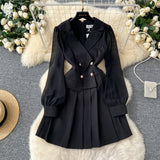 Black Suit Collar Dress Woman 2025 Autumn High-End Double Buckle Waist Long Sleeves Small Black Dress Skirt