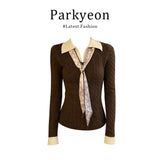 A Complete Set Of Early Autumn Wear And Match Color Splicing Fake Two Knitted Cardigan Women Autumn High-Rise Skirt Suit