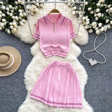 Summer New Knitted Shirt Two Sets Of Women Retro Short-Sleeved Top + High-Waisted Folded Skirt