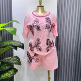Fashion Set European Dress Design Butterfly Set Drill Short Sleeve T-Shirt Blouse Woman + Tight Waist Broad Leg Shorts Two Sets