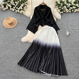 Miyajie Wrinkled Butterfly Sleeve Gradient With Shawl Short Coat Top + Gradient 100 Folded Skirt Two-Piece Suit