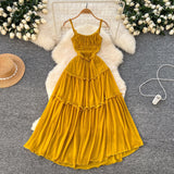 French Tea Break Retro Sling Dress Women's Holiday Wind To Show Thin Folds Design Long Skirt