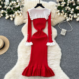 Autumn New Retro Bumpy Dolls To Receive Waist Knitted Dress Female Elastic Temperament Lotus Leafy Dress