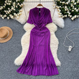 Cisterous Woman Sexy Collar Short Sleeve Dress Female High-End Royal Sister Repair Hot Diamond Open Fork Long Fishtail Dress