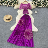 Three-House Folded Two Sets Of Women's Waist Repair Short Sleeve Pressure Folded Blouse Flowers High Waist 100 Folds Skirt