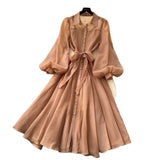 French Dress Woman Autumn 2025 Court Style Niche Collar Single Buckle Strap To Belt Lantern Sleeve Long Skirt