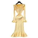 French Retro Doll Collar Horn Sleeve Dress Women Autumn Waist Thin Temperament Knitted Dress