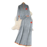 Extremely Simple Wind Bumpy Striped Knitted Sister Set With Long-Sleeved Sweater + High Waist Long Body Skirt Winter