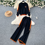 Fashion Letter Embroidered Knitted Shirt Long Sleeve Sweater High Waist Broad Leg Trousers Casual Sports Two-Piece Suit Woman