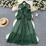 French High-End Neckline Bow Tie Lantern Sleeve Lace Lace To Receive Waist Wave Dot Skirt Chiffon Dress