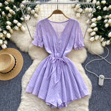Women's Seaside Beach Pants Summer Dress New V-Neck Bubble Sleeves With Broad Legs Shorts