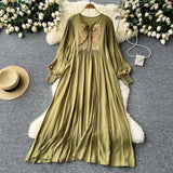 Heavy Industry Embroidery Loose Holiday Dress Women Large Size Show Lean Meat Sweet Tie With Round Lantern Sleeve Dress