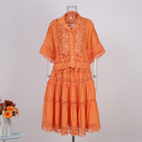 French Court Style Lace Lace Hollow Hook Short Blouse High-Waisted Lace Spliced Skirt Suit