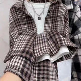 Grinding Thick Hair This Plaid Shirt Women Loose Long Autumn And Winter New Hong Kong Taste Shirt Coat Tide