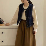 Fashion Retro Denim Vest Women Spring And Autumn Folding Waist Coat Outside A Small Design Feel Shoulder Clip