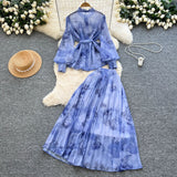 Temperament Two Sets Of Female High-Grade Style Straps To The Waist Lantern Sleeve Print Chiffon Top + High Waist Skirt