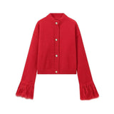 Ins Autumn And Winter New Women's Elegant Temperament Red Feather Design Knitted Cardigan Jacket