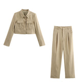 Spring 2025 New Women's Double Pocket Coat Top + Pants Suit