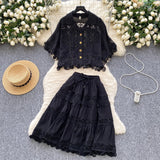 French Court Style Lace Lace Hollow Hook Short Blouse High-Waisted Lace Spliced Skirt Suit