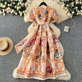 Wearing A Women's Court Style V Tie With A Belt Net Yarn Bubble Sleeve Print Large Swing Long Joint Dress
