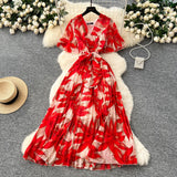 2025 Summer Dress New Female High-End Feel Strapped Belt V Collar Horn Sleeves Thin Temperament Print Chiffon Dress