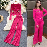 High-Grade Small Fragrant Wind Metal Collar Collar Repair Long-Sleeved Knitted Shirt Women High-Waist Casual Pants Two Sets