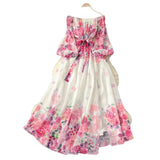 Early Spring Holiday Style Dress Woman 2025 New Shoulder Strapped Belt Waist Lantern Sleeve Print Chiffon Long Skirt