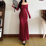 2025 Autumn And Winter New Women's Pure Color Temperament Sexy Word High Waist Waist Dress Dress Women