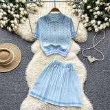 Summer New Knitted Shirt Two Sets Of Women Retro Short-Sleeved Top + High-Waisted Folded Skirt