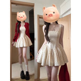 Age-Reduced Lazy Temperament Red Knitted Cardigan French Wave Dot Square Slings To Collect Waist Thin A Word Skirt