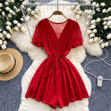 Women's Seaside Beach Pants Summer Dress New V-Neck Bubble Sleeves With Broad Legs Shorts