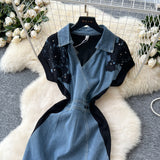 Light-Cooked Fashion Niche Fashion Heavyweight Diamond Lace Splicing Polo Collar Short Sleeves Denim Waist Dress Women's Summer Dress