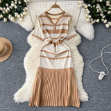 Korean Version Of Fashion V-Neck Short-Sleeved Striped Knitted Dress Women Thin Senior Sense 100-Folded Dress Women Summer