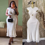 Oceanish Fashion Strap To The Waist Horn Sleeve Lotus Loaf Under The Pendulum Folding Folding Top + High-Waisted Fish Tail Half-Body Dress