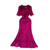 Cisterous Woman Sexy Collar Short Sleeve Dress Female High-End Royal Sister Repair Hot Diamond Open Fork Long Fishtail Dress