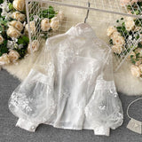 French Retro Mesh Lace Blouse Women's Collar Three-Dimensional Embroidered Bubble Sleeve Court Style Slim Shirt Woman