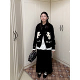 A Complete Set Of Early Autumn Wear And Match Color Splicing Fake Two Knitted Cardigan Women Autumn High-Rise Skirt Suit