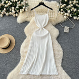 Summer Dress Women 2025 New Gentle Wind Temperament Slings Waists Thin Vertical Knitted Dress Inside The Long Skirt