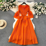 European Court Dress Female Design Tuxedo V Collar Long Three House Press Folding Horn Sleeve Dress Woman