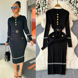Small Fragrant High-End Autumn And Winter Round Collar With Thick Knitted Dress With Belts And Hips Skirt Sweater