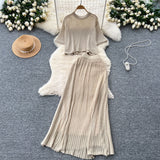 Summer Dress A Complete Set Of Women's Han Yen-Down Short-Sleeved Knitting Blouse High Waist Slim Half Body Skirt Two Sets