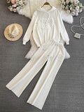 Fashion Suit Women's Korean Version Of Loose Knitted Hoodie Two Sets Of Leisure High-Rise Thin Straight Broad Leg Pants