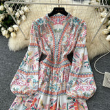 Famous Vintage Printed Dresses Women's New Spring 2025 New Waist Temperament V-Neck Single-Rece Buckle Long Dress