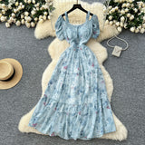 French Famous Breeze Mashed Flowers Bubble Sleeves With Dress Women Summer Waist Repair Royal Sister Temperament Beautiful Long Dress