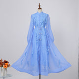 2025 Spring Dress New Elegant Famous Color Nails Half High-Collar Lantern Sleeve Flowers With Large Skirt Dress